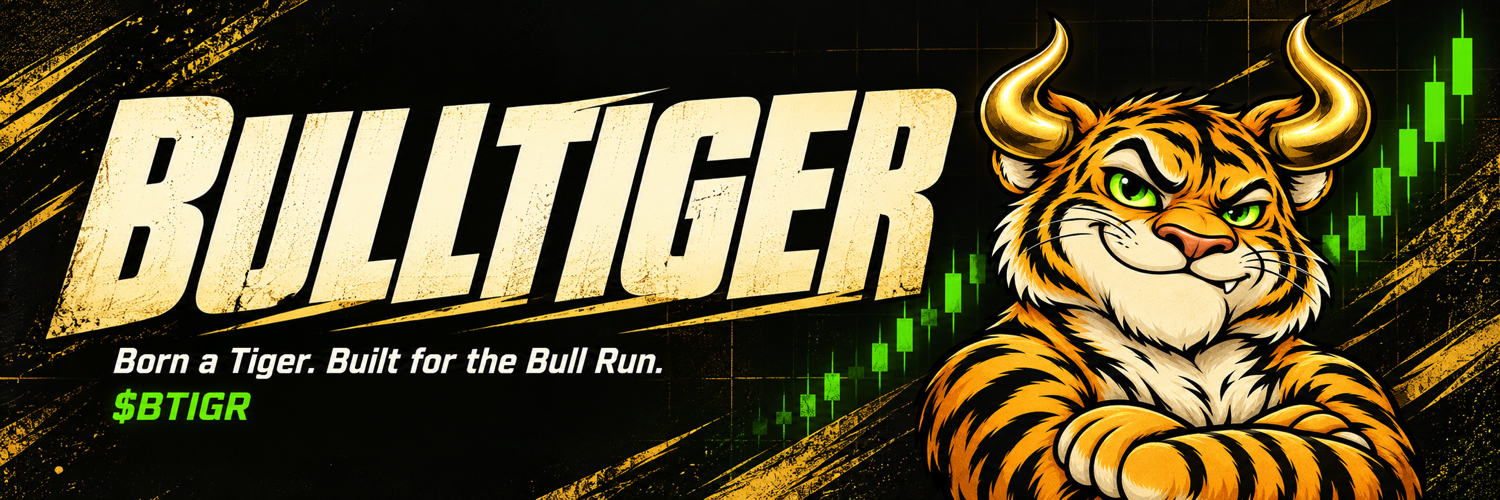 Bulltiger banner: Born a Tiger. Built for the Bull Run. $BTIGR, with the golden-horned tiger beside illustrated green candlesticks.